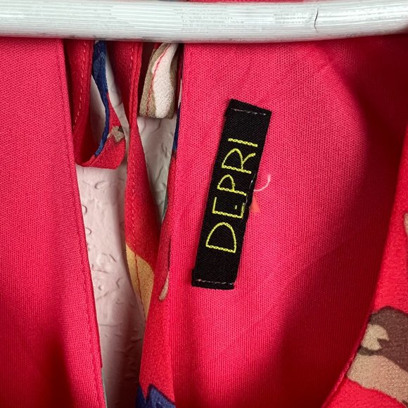 DEPRI Womens Red Floral Blouse Long Studded Cuff Sleeves Keyhole Tie Back - Picture 5 of 12